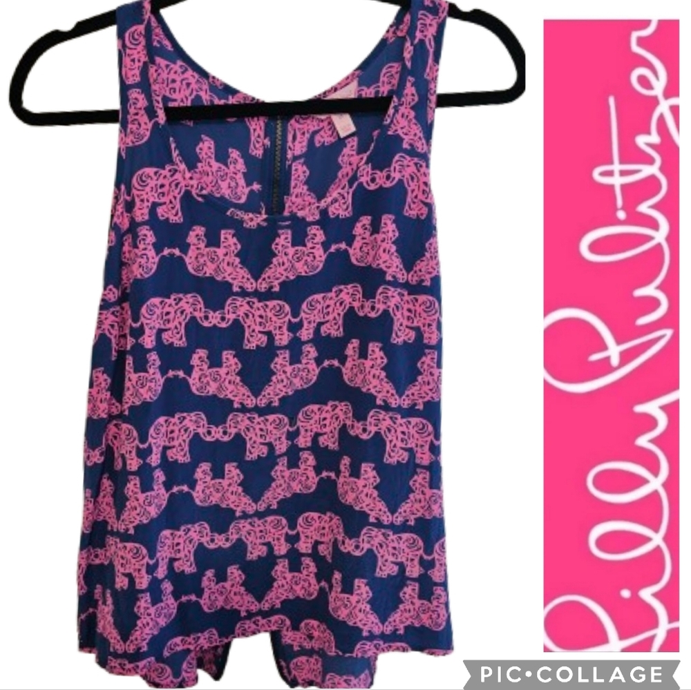 Lilly Pulitzer Blue Pink Silk Elephant Print Tank Back Zipper Boho - Picture 1 of 8